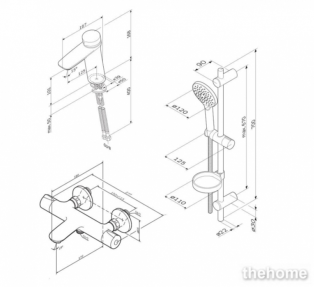 Комплект смесителей 3 в 1 Am.Pm Inspire V2.0 F40950A02 термостатический, хром - 10