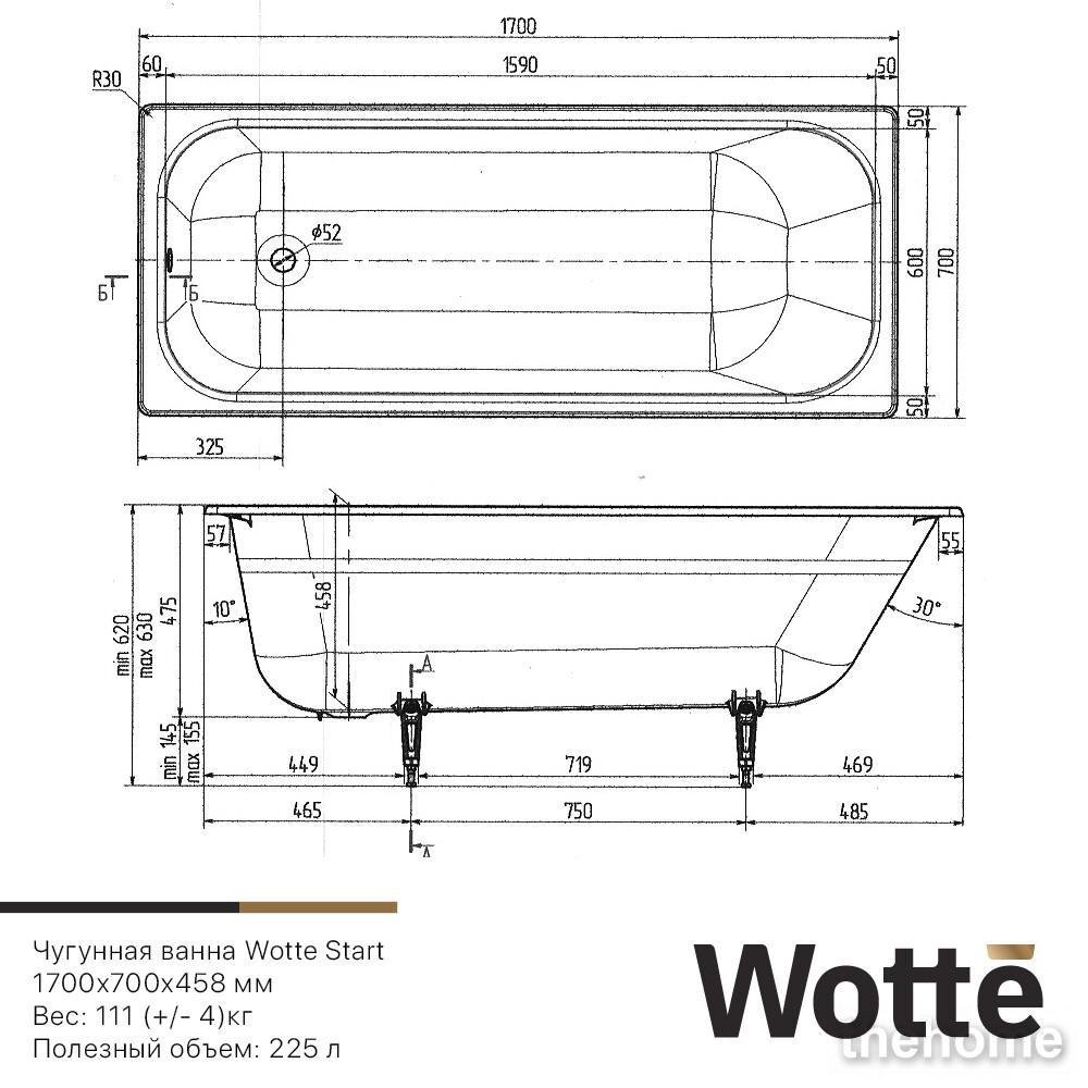 Чугунная ванна Wotte Start 170x70 см БП-э0000д1139 белая - 3