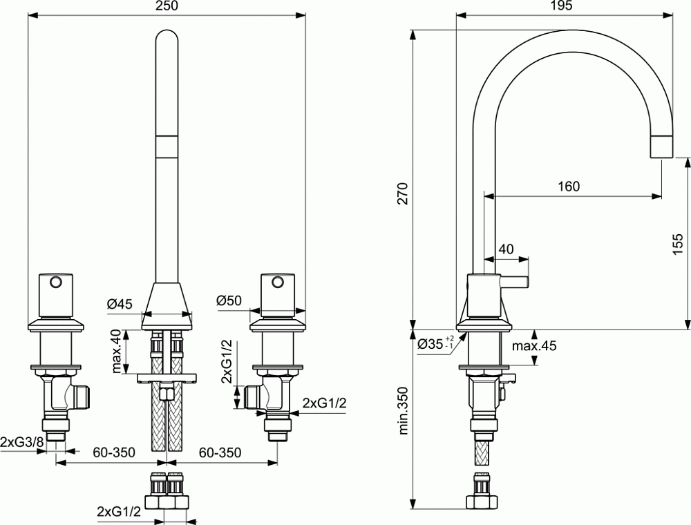 Двухрычажный смеситель для раковины Ideal Standard CERALINE BC196AA - 2