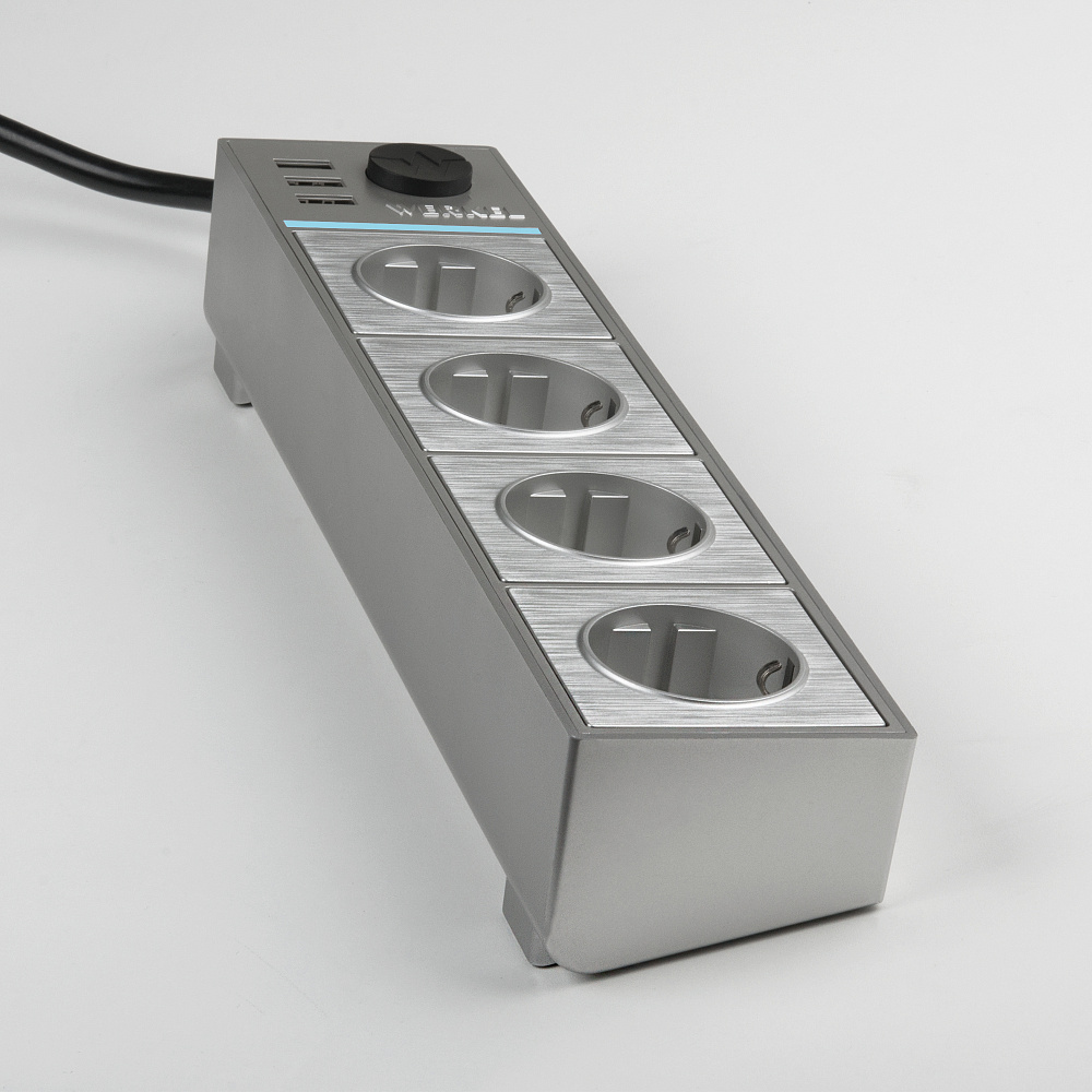 Розеточный блок 4-х местный + 3 USB серебряный/серебряный рифленый Werkel WL20-04-03 - 6